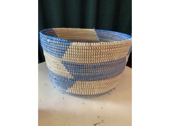 Colorful Straw And Recycled Plastic Basket Blue And White Basket With Handles
