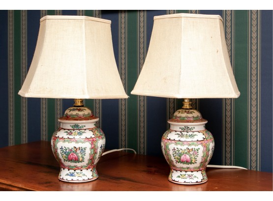 Pair Of Rose Medallion Ginger Jars Mounted As Lamps