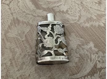 Vintage Sterling Silver Floral And Leaf Overlay Glass Perfume Bottle