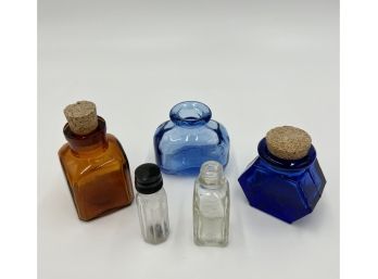 Set Of Five Beautiful Small Vintage Glass Bottles. Decorative Bottles.
