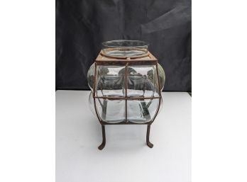 Blown Glass Candle Holder In Metal Frame