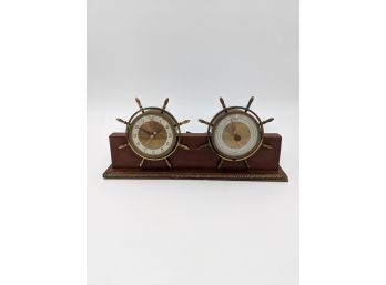 Vintage Salem Ships Wheel Clock & Barometer Desk Set On Mahogany Base - Hartford, CT