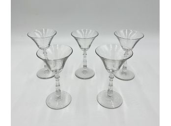 Set Of Five Vintage Martini / Wine Glasses With Detailed Pedestals/stems