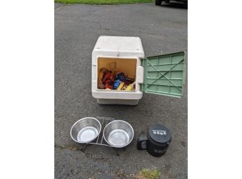 Stackable Pet Food Container With Huge Lot Of Dog Toys, Bowls & Accessories