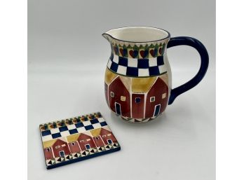 Beautifully Hand-painted Pitcher And Trivet Set From At Home International