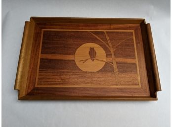 Vintage Inlaid Wooden Serving Tray Marquetry Wood Motif With Owl At Night Scene