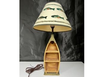 Adorable Wooden Canoe Desk Lamp With Painted Fish/trout Shade