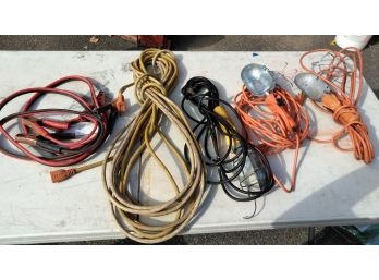 Lot Of 4 Heavy Duty Power Cords And A Set Of Jumper Cables