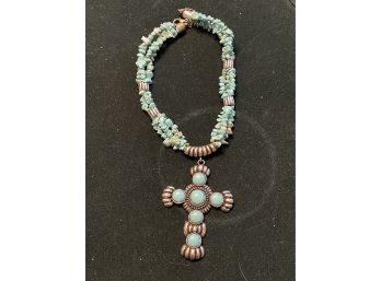 Turquoise Stone /beaded Cross Necklace