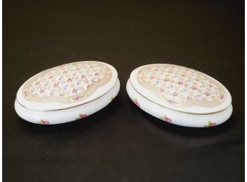 Pair Of Limoges Castel France Porcelain Hand Painted Oval Lidded Trinket Boxes