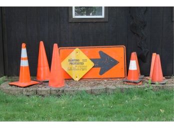 Detour Sign, Hazard Cones And No Dumping Street Sign Lot