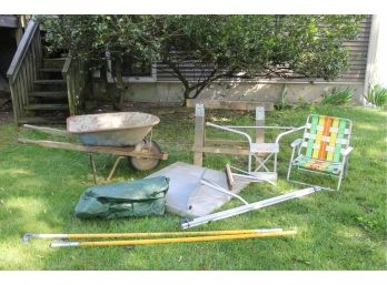 Mixed Out Door Lot With Jackson Wheelbarrow, Beach Chair, Roof Rake, Tarp, FGA Pruning Stick And More