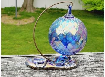 Vintage Mount St. Helen's Blue Iridescent Art Glass Ball Ornament With Matching Blown Base