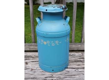 Antique Metal Original Milk Can - Painted Turquoise Blue With Floral Stencil Design