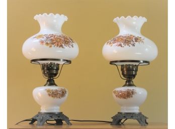 Pair Of Vintage Hurricane Light With Milk Glass Shades
