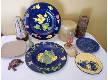 Home Decor Assortment-pottery Decorative Plates, Hand Carved Candle, Montana Wax Works Candle & More