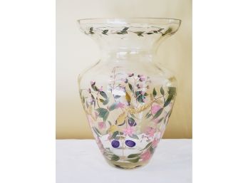 Lovely Large Clear Glass 12.25' Floral Hand Painted Flower Vase