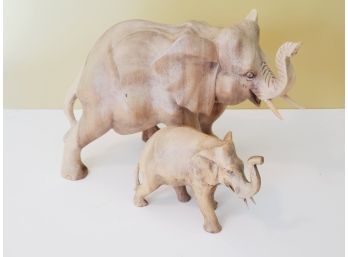Duo Of Solid Wood African Elephant Figurines