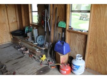 Outdoor Lot With Full Propane Tank, Gas Cans, Prybars, Vintage Items Including Sprinklers, Wood And Much More