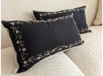 Set Of 2 Black Embroidered Embellished Throw Pillows