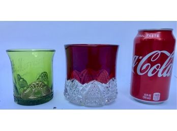 Victorian Era Souvenir Cup & Pressed Glass With Color