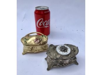 Two Jewelry Boxes- Nouveau Dresser Box, Gilded Pot Metal & Silver Plate Victorian Trinket Box