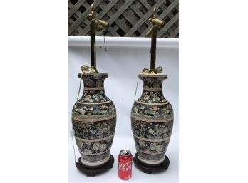 Oriental Ceramic Lamps With Waterfowl & Lotus