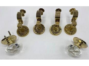 4 Vintage Brass Wall Hooks & Crystal Doorknobs