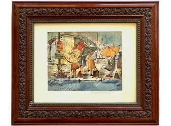 Signed Original Watercolor Painting On Paper In Carved Wooden Frame
