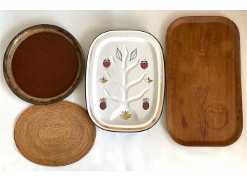 Three MCM Trays Plus Trivet Including Sweden Teak Tray And Formica For Crescent Tray With Silverplate Rim