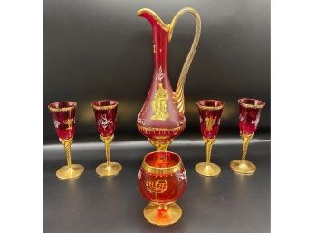 Set Ruby Glass Judaica Decanter, 4 Glasses & Goblet