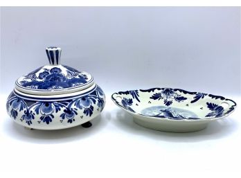 2 Pieces Vintage Handpainted Delft Blue Holland Porcelain With Makers Marks, Numbered 1049 & 430