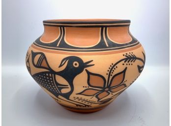 Thomas Tenorio Signed Santa Domingo Pueblo, NM Pottery Bowl With Bird And Flower Motif
