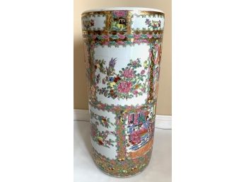 Chinese Porcelain Umbrella Stand With Detailed Figurative And Floral Decoration And Gold Accents
