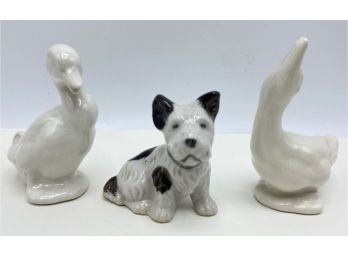 Three Small Animal Figurines: Ducks & Dog