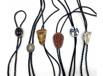 6 Vintage Bolo Ties Including One With Red Coral Marked  Sterling HMIJ (handmade Indian Jewelry) Likely Navajo