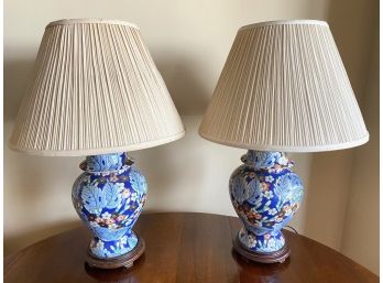 Pair Vintage Majolica Hand Painted Asian Style Ceramic Table Lamps With Gold Accents