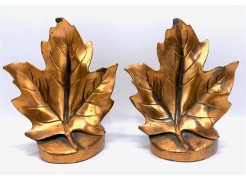 Vintage Maple Leaf Bookends In Cast Metal With Copper Finish Marked PMC 99B