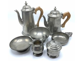 7 Piece Vintage Pewter Lot With 2 Large Pitchers, Porringer, Cream And Sugar Set, And 2 Small Bowls