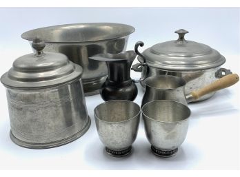 7 Piece Vintage Pewter Lot With Large Bowl, 2 Covered Dishes, 2 Small Pitchers, & Pair Cups Marked Norway