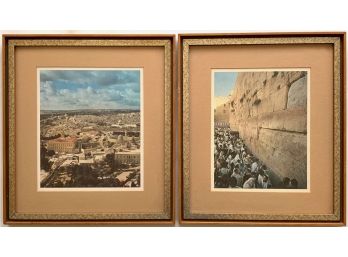 Jerusalem Aerial View And Western Wall, Pair Of Framed Vintage Colored Photographs