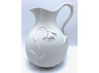 Museum Of Modern Art Matte White Porcelain Pitcher With Raised Floral Design, Mexico