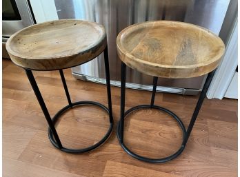 Pair Of Wooden End Tables With Metal Base