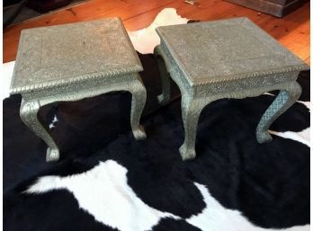 Pair Vintage Hammered Tin Toned Side Tables