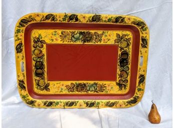 Vintage Large Hand Painted Floral And Fruit Red Tray