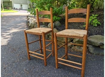 Pair Of Oak Ladder Back Counter Stool With Rush Seats