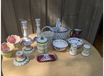 Large Grouping Of  17 Plus Lid Hand Painted Stoneware