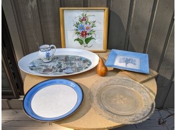 Grouping Of 7 Serveware Items Including Portuguese Creamer, Trays And A Cutting Board