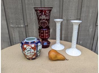 Grouping Of Stoneware And Glass Vase, Ginger Jar And Candle Sticks