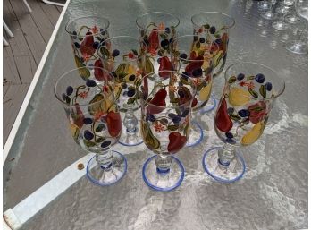 A Set Of 8 Hand Painted Wine Glasses With Grapes And Pears
